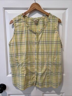 Woolrich Yellow and Light Blue Plaid Sleeveless Button Front Top